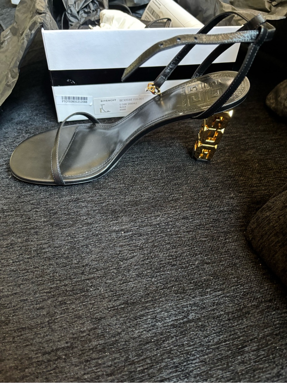 Givenchy Black Leather Strappy Sandals with Gold Chain Block Heel
